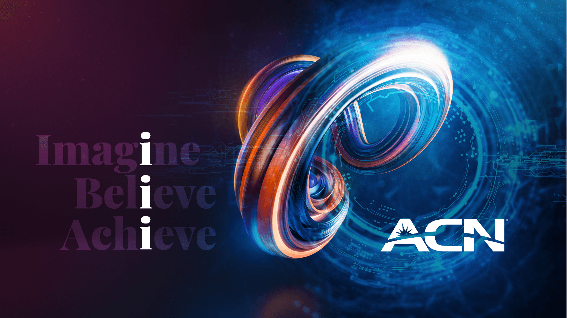 ACN logo with glowing spiral design and "Imagine Believe Achieve" tagline on blue background