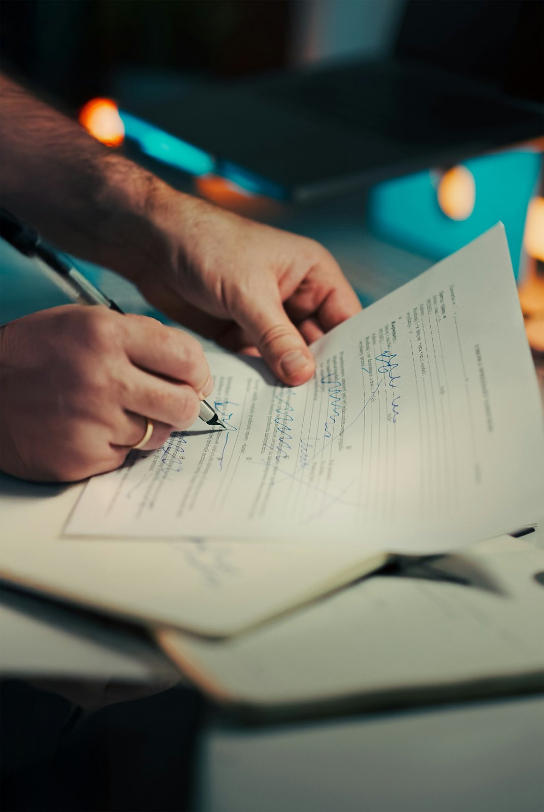 Person writing on a document with pen at a desk with warm lighting