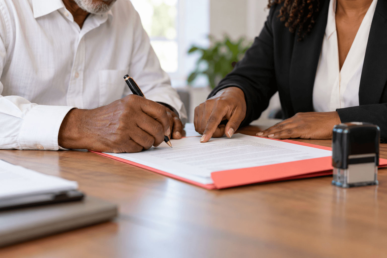 Two professionals signing a document at a wooden table during a business meeting