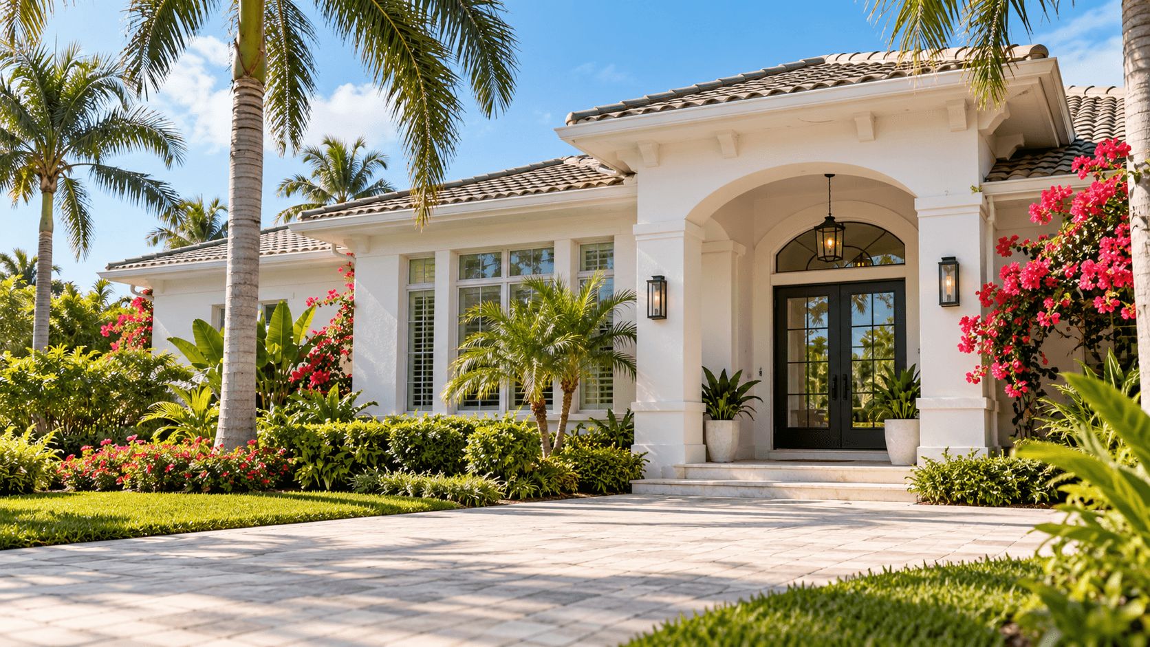 Luxurious white Mediterranean villa with arched entryway, vibrant bougainvillea flowers, and palm trees